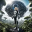 Placeholder: Wide-angle photo of a slim sci-fi woman with blond hair, wearing a silver and black futuristic android-like spacesuit, standing on an alien cloud tree jungle planet