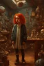 Placeholder: Little girl with red hair in Cyberpunk wunderkammer painted by Vermeer, unsane details, soft colors, lot of space around the girl with a lot of strange objects