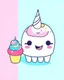 Placeholder: kawai unicorn with smiling face and kawaii cupcake with smiling face minimalist , line art,kawaii background, vector, beautiful kawaii background with rainbow, simple