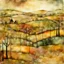 Placeholder: autumn landscape in patchwork, soft and delicate watercolor, with added electronic wires, patina of ancient stone with moss, art brut, moody, somber, desaturated colors, in the style of Paul Klee, Arthur Rackham