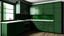 Placeholder: kitchen with dark green furniture, forest wallpaper on a white wall, on the left side next to the window there is a microwave and oven installed in the furniture, and on the right side 5 cm from the induction hob and a kitchen hood above it,