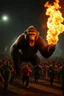 Placeholder: A giant monkey holding a flame chasing a Thousand of people running scared toward the camera at night