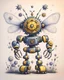 Placeholder: a robot made in the shape of a gear wheel with a small robot bee above the head for a children's fairy tale, made with crayons, scale the drawing so that it does not protrude beyond the view