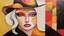 Placeholder: abstract paint from Lady in big hat , vibrant colors, folk art, non-figurative mode, style combined abstract art with dadaism, patchs, black lines, surrealism style