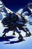 Placeholder: a mechanical walker with eight legs scaling a very steep snow covered side of mout everest at night, it has a smooth surface, it has storage pods on its belly human can fit in the pods