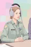 Placeholder: A simultaneous interpreter is sitting at a table with headphones on at a foreign briefing, the background is blurred, everything is in pastel colors