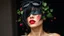 Placeholder: "woman, messy black hair, made of shiny texture, sunglasses on head, red blush, blindfolded, half grin, vine design, raspberry, surreal, futuristic, black outdoor background, peach skin, leafy textures, shiny plastic, organic aesthetic, rose red hue, green leaves, alien design, mutant structure, red mouth, bizarre aesthetic"