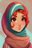 Placeholder: Walaa is a beautiful girl, her hair is red, her face is round, her eyes are brown, she wears a hijab, write a large Walaa name, the top is in a cartoon style, cool colors