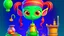 Placeholder: You will create a character that has a alien concept, with food props. The character will have a Short style hairstyle. The illustration will have a mixed color degree, a vivid palette, and free pick shapelanguage.