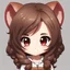 Placeholder: a close-up headshot of a chibi woman with long brown hair, red eyes, brown ferret ears, a mischievous expression, American clothes, intricately detailed, masterpiece, anime chibi doll