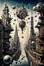 Placeholder: a stunningly weird image of a futuristic metropolis using Salvador Dali's paranoiac-critical method, where buildings and structures appear to melt into the skyline cityscape is filled with floating balls and triangles and mad, twisted sharp metal shapes that interact with the buildings and each other, forming a surreal tableau of a dreamlike reality. neu-steampunk vibe, essence of the scene in a cinematic manner, with dramatic shadows that enhance the distorted perspectives and bizarre