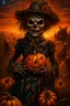 Placeholder: works by Mark Keatley, Josephine Wall, Ellen Jewett, Dan Mumford Cayenne, Victoria Francis. dancing scarecrow with a scary pumpkin head in a field with scarecrows, High Definition HD, High Detail, UHD Pen and Ink Art, Perfect Composition, Detailed Intricacy, Crazy Octane Rendering, Trending on Artstation, 8k Fine Art Photography, Photorealistic Concept Art , soft thoughts, 3D cinematic perfect light, 3D rendering, famous, unforgettable., photo, poster, cinematic