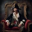 Placeholder: Hyper Realistic vintage frame portrait of a pirate with thick moustache sitting on a fancy velvet sofa with his sword on a rustic dark wall