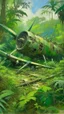 Placeholder: An old airplane crashed in rainforest filled with green bushes painted by Claude Monet
