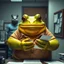 Placeholder: close up photo of a fat yellow-green color angry anthropomorphic frog in simple human cloths and take his hands many paper in office, on the wall hang an wall board with some written sheets of paper, behind in background standing an anthropomorphic strong gray rhinoceros in blue jeans t-shirt behind in halb open door , dark colors, detailed 3d, sci-fi, fantasy mood