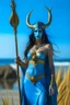 Placeholder: A picture of a beautiful "blue" faced indian goddess with skin painted blue, "blue painted body", "blue painted torso", wild black hair, stag antlers, elven ears, golden skirt, holding a staff on a sunny beach