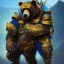 Placeholder: An angry bear warrior in blue and gold armor, background of Inka jungle, high detail, smooth, realistic, digital illustration, Artstation, artgerm,