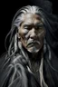 Placeholder: a photo of an Native american indian man with ethnic jewelry, grey hair and grey flowing robe, in style of Annie Leibovitz, contemporary portrait of a mature yet beautiful and modernist man, black and grey, detailed masculine face, swirling fluid smokey enigma, award-winning artwork