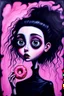 Placeholder: Wet Oil painting, A thin young goth woman with big eyes and big hair caracter in Tim Burton style, in a very long black dress hold a pink doughnut standing front an old of 3d cracked wall Acrylic using thick smooth strokes, pastel alcohol ink and Impasto.