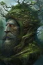 Placeholder: bearded man's head made of ancient weathered stone with a landscape growing on it admidst trees, roots and vines and moss. matte painting by Tomasz Alen Kopera, Dariusz Zawadzki, Zdzisław Beksiński, surreal, colourful, concept art, award winning. razor sharp quality