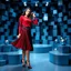 Placeholder: make a picture pretty stage made of metallic blue-gray teme 3d recursive cubic and sphere and cylinder base structures and a beautiful fashion model lady posing with cute in black and white and the scene is in color,with dark red top and pretty pleated midi skirt ,makeup curvy long hair,dynamic camera zoom to full body and pan, dynamic lights.