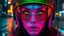 Placeholder: face close-up A female cyberpunk cyborg wearing a helmet with brown gradient lenses. The color palette is neon green and pink. The background is a neon-lit city street at night with bioluminescent orange lettering reflecting on the wet pavement. Her bright green eyes and neon purple lips complete her bold, mysterious look. Simon Dewey, Rococo, Hyperdetail, Tender; Royo, Bagshaw, Chevrier, Lou Haz, Ferry, Kaluta, Minguez, Mucha, WLOP, Greg Olsen, Artgerm. Cinematography, 8K