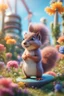 Placeholder: plexi glass tower, portrait cute fluffy toy wolly squirrel mind flawyer in a water slide holding weird flowers in his trunk in the style of pixar, on a strange planet with weird colors and wind turbines, bokeh like f/0.8, tilt-shift lens 8k, high detail, smooth render, down-light, unreal engine, prize winning