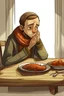 Placeholder: Agdon Longscarf eating Thanksgiving dinner alone, looking sad