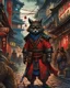 Placeholder: highly detailed concept illustration of an alternate reality ancient China samurai racoon wanderer in a street, maximalist, highest resolution, Masahiro Ito, boldly inked, 8k, coarse, red