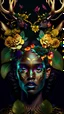 Placeholder: beautiful black woman deer with horns made from beautiful colorfully flowers and gold flower pattern on face, front facing dark smooth colors, forest green background, entire horns visible