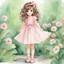 Placeholder: watercolor, full body, cute smile girl, curly hair, big eyes, long brown hair, pink dress, pink shoes, white backgrownd