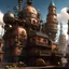 Placeholder: Create a futuristic cityscape with a steampunk twist, featuring elaborate machinery, gears, and Victorian-style architecture.