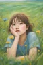 Placeholder: A girl lying in the middle of grass field while contemplating, detailed expression, heavy rain weather, the rain wet her face, the field is transformed into a dreamlike landscape straight out of a Studio Ghibli movie. The delicate details and vibrant colors make this a truly unique and captivating image. angle from below