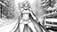 Placeholder: winter, (1Power Girl) full image on paper, black and white, hand drawn, cartoon coloring page, easy to color, clean line art, high detailed, road background, white, black, coloring book, sketchbook, realistic sketch, free lines, on paper, character sheet, white bachground,8k