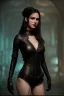 Placeholder: portrait goddess in black leather in a dungeon, cleavage, sci-fi fantasy style, 8k,dark