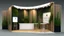 Placeholder: Corner exhibition stand in light colors with wood elements and greenery with two meeting areas