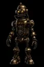 Placeholder: Creepy steampunk robot, smiling, dark background, full body