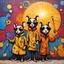 Placeholder: Three blind mice, with dark sunglasses and canes, astral star-filled background, graffiti street art on city wall, dramatic, warm colors, dynamic diagonal composition, by Os Gemeos, color spray paint, concept art, warm colors, stunning,