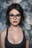 Placeholder: cross-eyed Lucy Hale/Samuel L. Jackson hybrid, , 4k UHD, photorealistic, ((big, full, plump, pouty lips:1.5)) black hair, big cat-eye eyeglasses, dark blue foggy gradated marble wall background