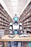 Placeholder: The library is serviced by computers, and there are many books on the shelves. The robot sits at the table and searches for books in the catalog in the computer Expression. High-quality drawing, 8K