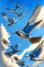 Placeholder: realistic drawing of detailed birds in the blue sky.