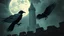 Placeholder: goth theme with victorian style woman, two raven, tower, ruin, moon, darkness, detalied materialas, old wall