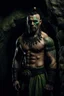 Placeholder: portrait of an orc king with pale skin. scar running across one eye. Tribal Tattoos Dark hair and green eyes. His look is sad. Half of his head is shaved. wearing jewellery. High resolution. 4K. 8K. Dark Fantasy style. Cave in the background