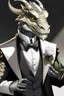 Placeholder: A silver Dragonborn from dnd wearing a tuxedo