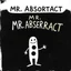 Placeholder: Roger Hargreaves 'Mr. Men' children's book aesthetic and composition, title text "MR. ABSTRACT", color drawing of a whimsical anthropomorphic tubular abstract art Joan Miro-like character, black white background,