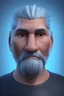Placeholder: 3D render of a very big close at the face of cyberpunk tribal old man, gray hair and goatee, on a dark blue background, digital art
