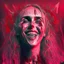 Placeholder: smiling Singer Danish MØ face, blood, guts, wildflower, cosmic, futuristic, iridescent, intricate, darkred tones,