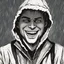 Placeholder: a closeup of a psychopathic young man with white eyes in a heavy coat and hood during a rainstorm laughing cartoon