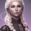 Placeholder: D&D cleric, female, platinum blonde hair, happy, teal armor, eyes gold