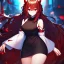 Placeholder: Clear focus,High resolution, Black sleeveless fluffy Shirt, Black short skirt with Red under it, Cut sleeves that are Black, Standing still, Black long hair, Red eyes, Red horns